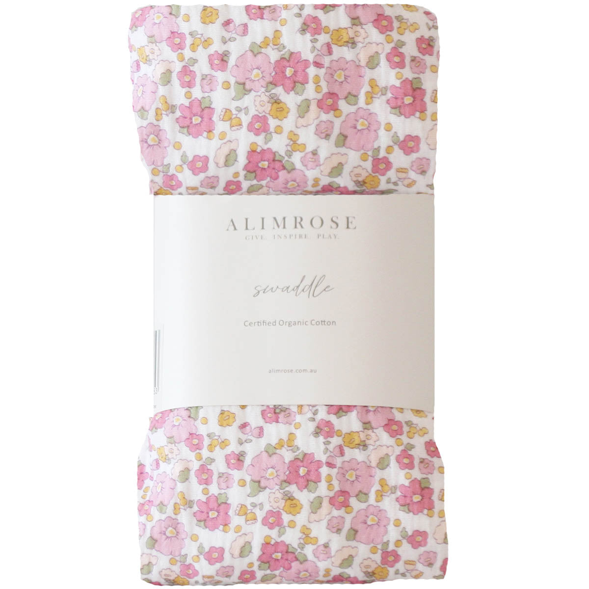 Rolled muslin swaddle in pink floral print with Alimrose paper band packaging