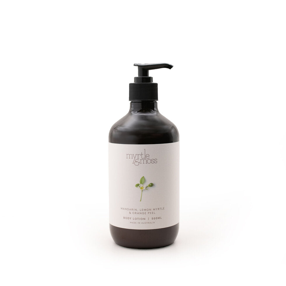 The 500ml Citrus body lotion bottle, its label reading Mandarin, Lemon Myrtle & Orange Peel.