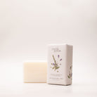 The Rosemary, Cedarwood & Lavender Bud soap box turned at an angle, showing its lavender print and the 200g Made in Australia label.