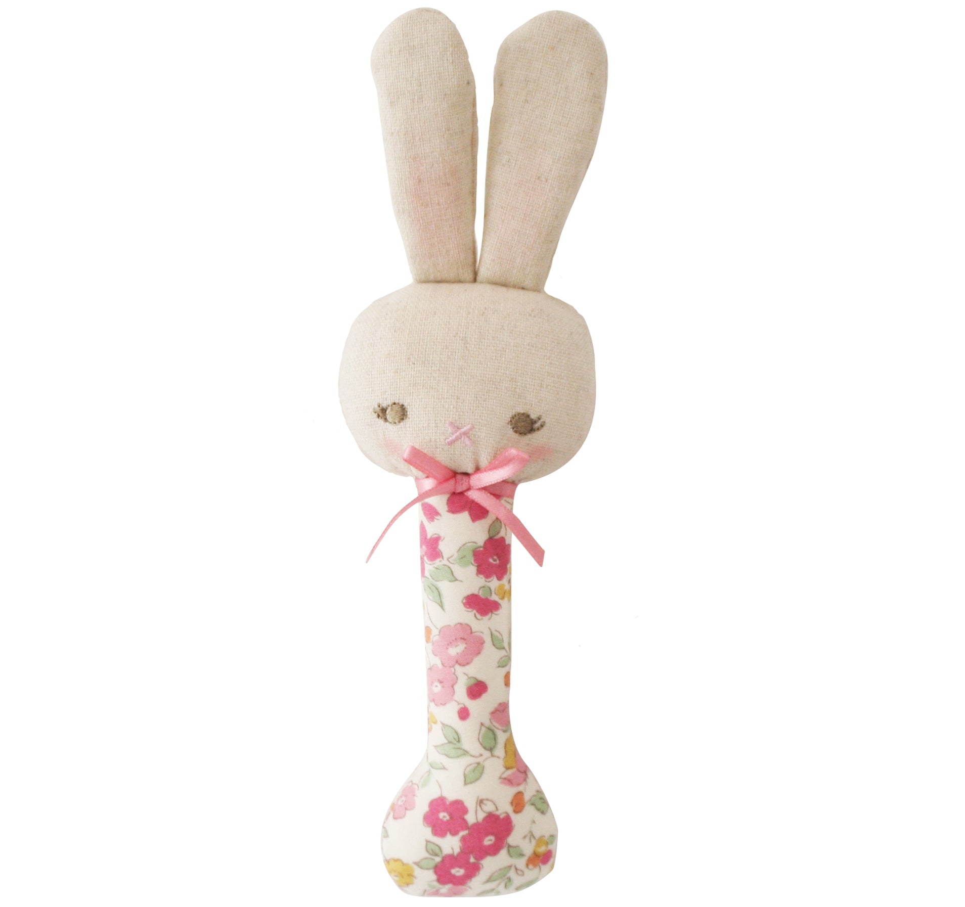 Bunny stick rattle with linen head and pink floral handle tied with a pink bow