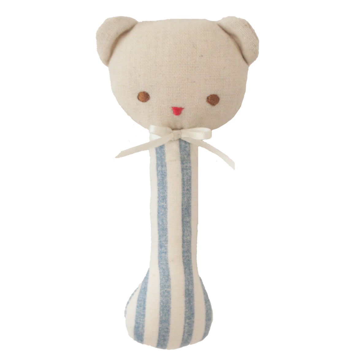 Ted bear stick rattle with linen head and blue chambray striped handle tied with a white bow