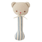 Ted bear stick rattle with linen head and blue chambray striped handle tied with a white bow