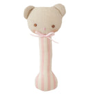 Ted bear stick rattle with linen head and pink striped handle tied with a pink bow