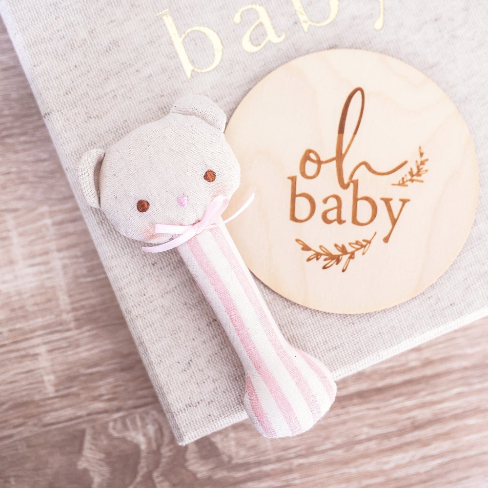 Ted bear stick rattle in pink stripe styled with an oh baby milestone disc