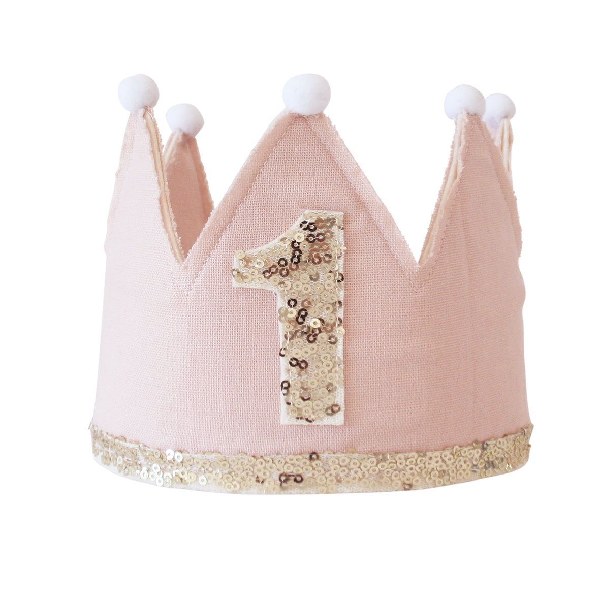 Pink linen first birthday crown with gold sequin number one and white pompom tips
