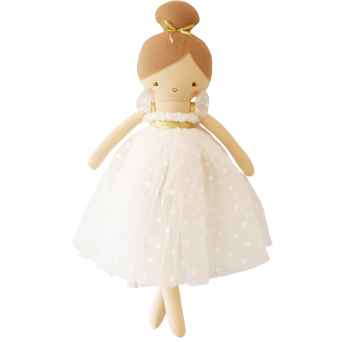 Lottie doll with auburn topknot and ivory tulle dress, front view