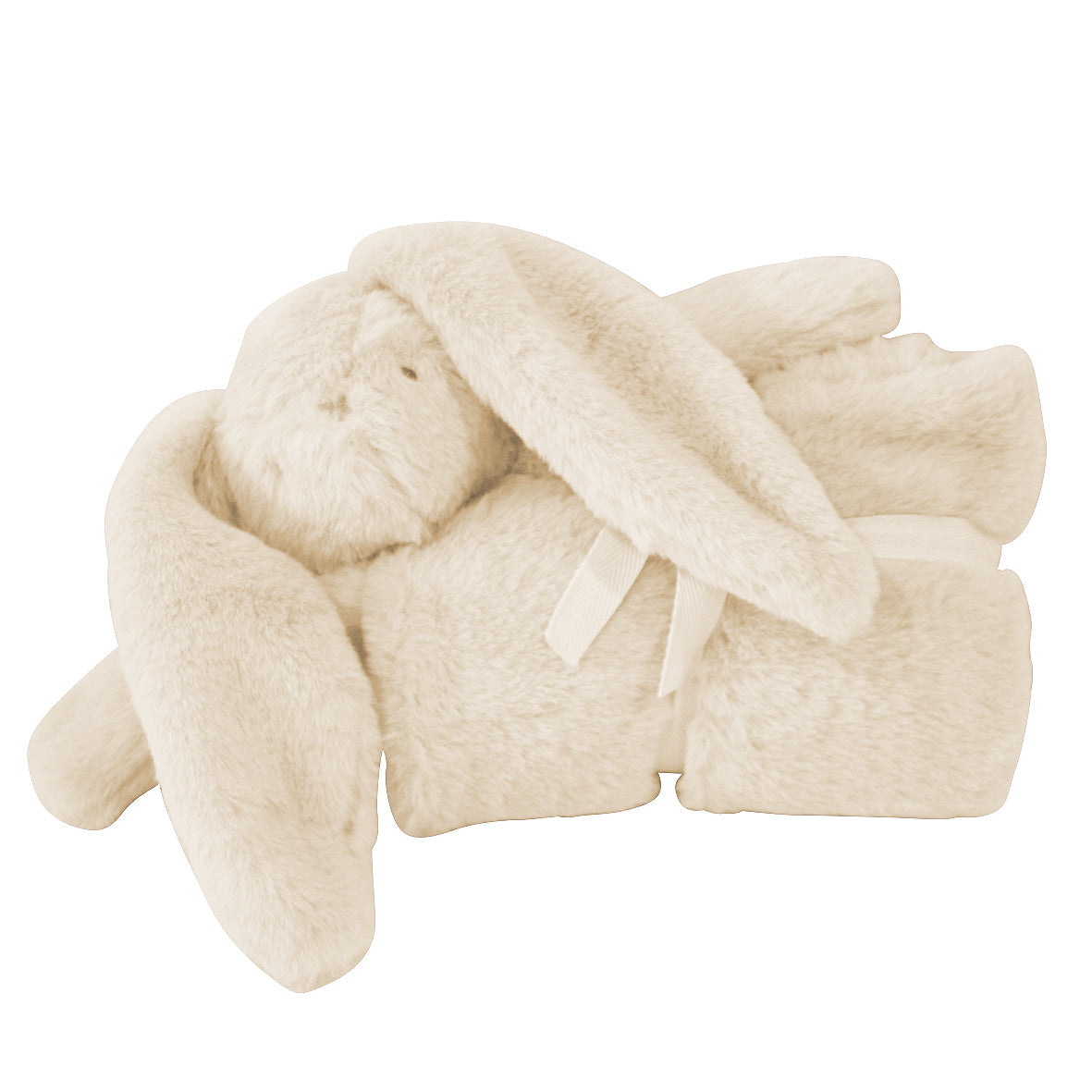 Folded ivory Darcey lovey blanket with plush bunny head tied with ribbon