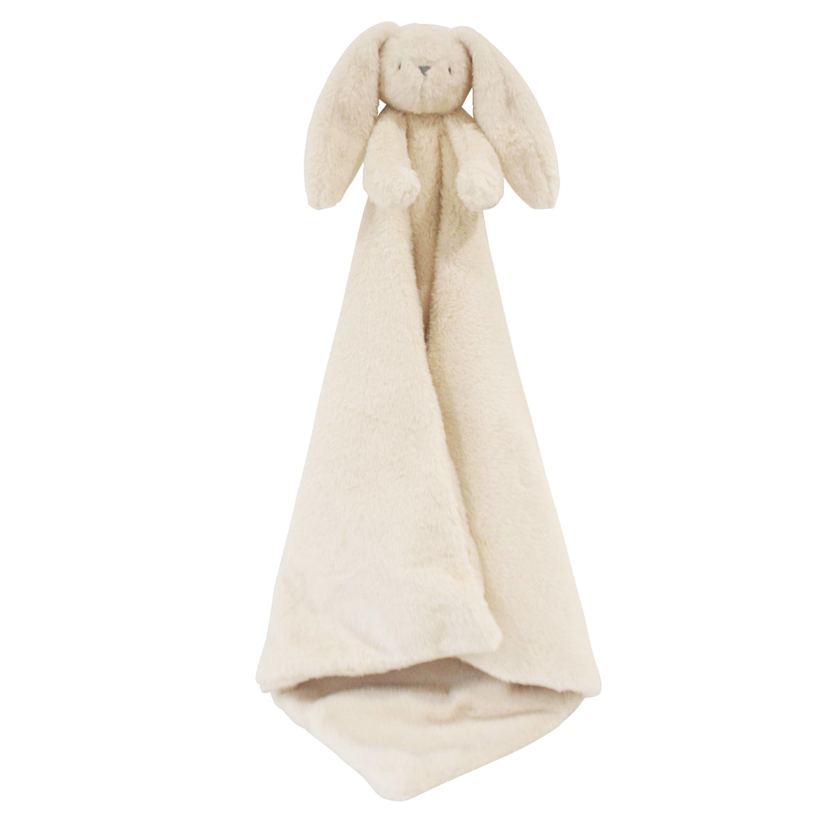 Ivory bunny lovey blanket hanging to show its full length