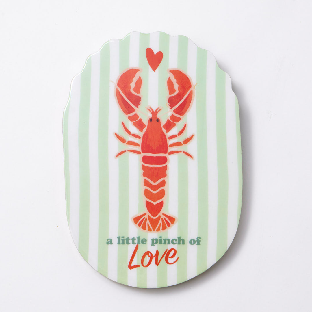 Oval mango wood wall plaque with mint and white stripes, a red lobster with a small red heart above, and a little pinch of love lettered in green and red script beneath