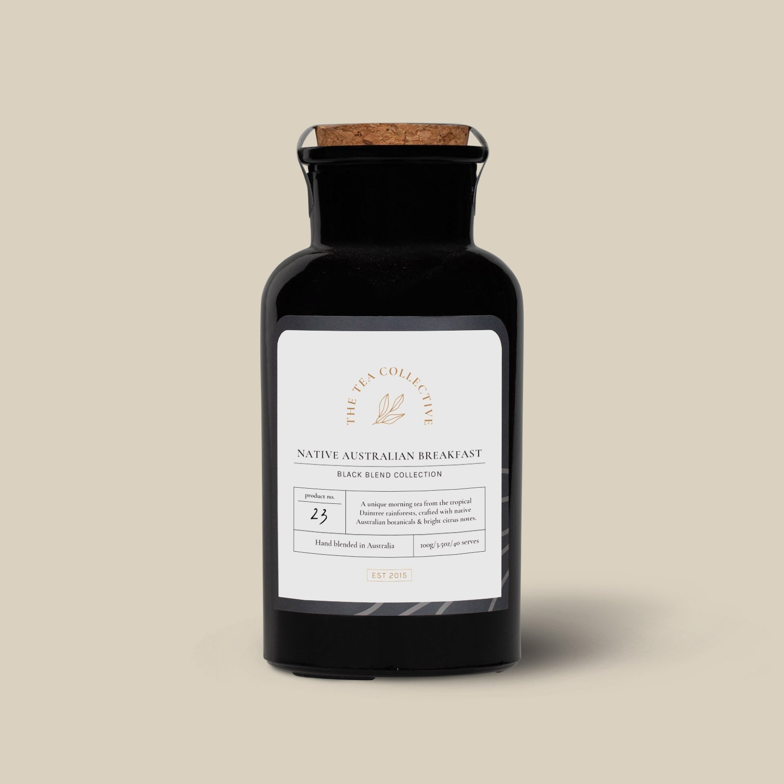 Native Australian Breakfast tea in a black boutique jar with cork lid and Tea Collective label