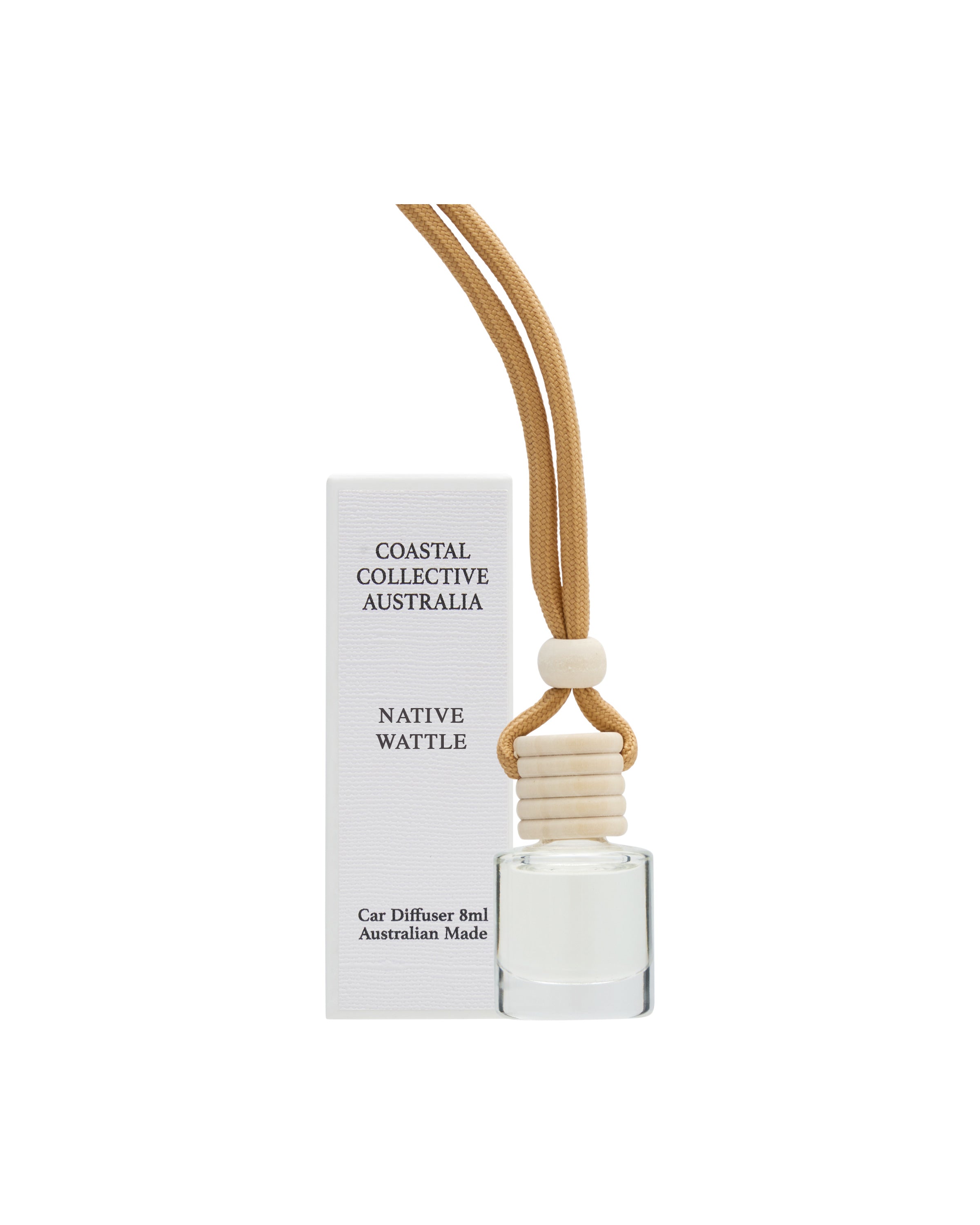 Car diffuser in Native Wattle, bottle on a tan cord beside its box.