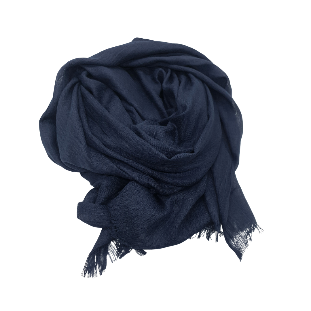 Beauty in Bamboo scarf in Navy, a deep ink blue, casually knotted