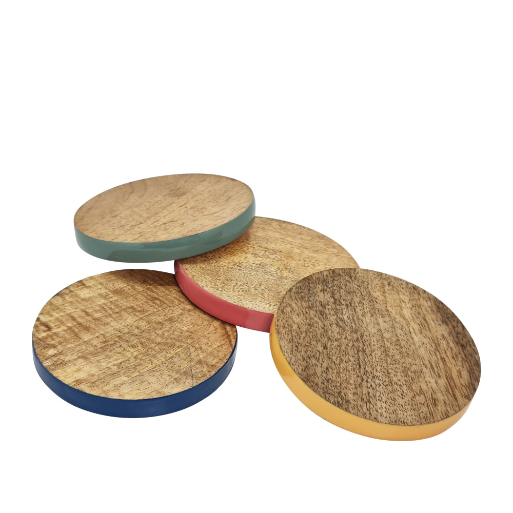 Four Nikkie coasters spread out showing timber tops and coloured edges
