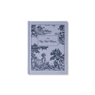 Pale blue-grey bookcloth notepad printed all over in navy toile, with The Very Tired Woman in a panel at the centre