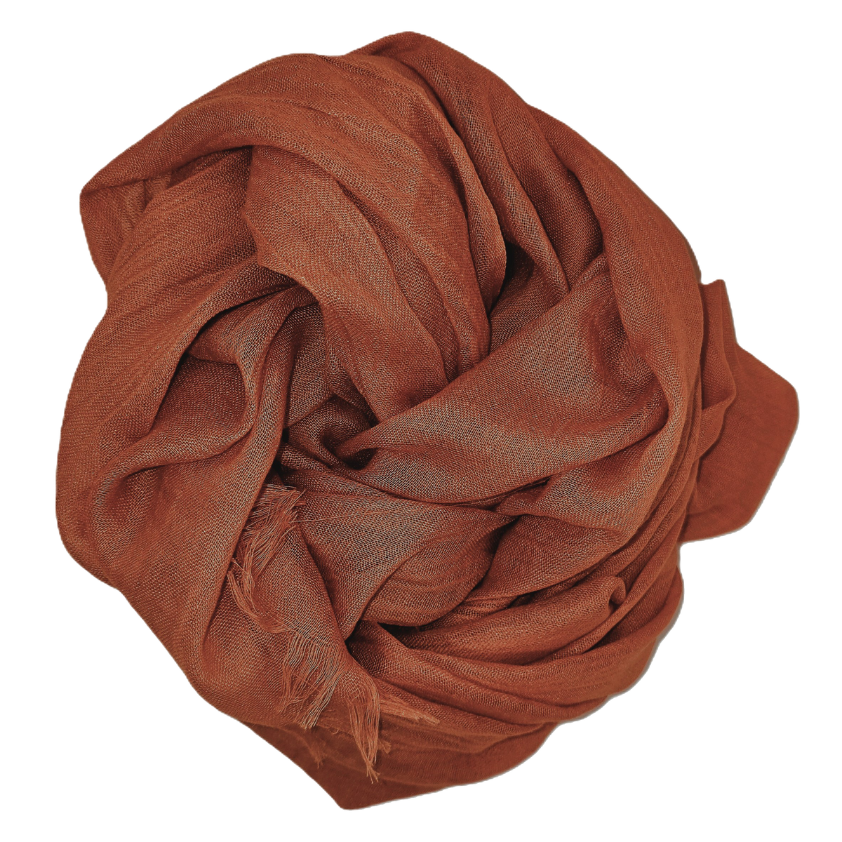 Beauty in Bamboo scarf in Tawny Port, a deep rust brown, swirled into a loose rosette with fringed ends showing