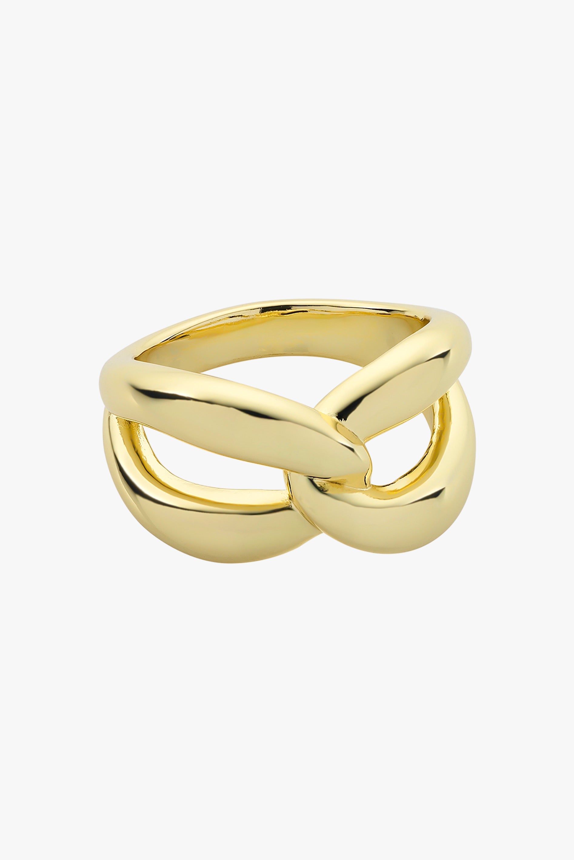 Gold knot ring with two polished bands crossing over at the front.
