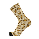 Single golden honeycomb-coloured crew sock printed with honeybees and hive cells.