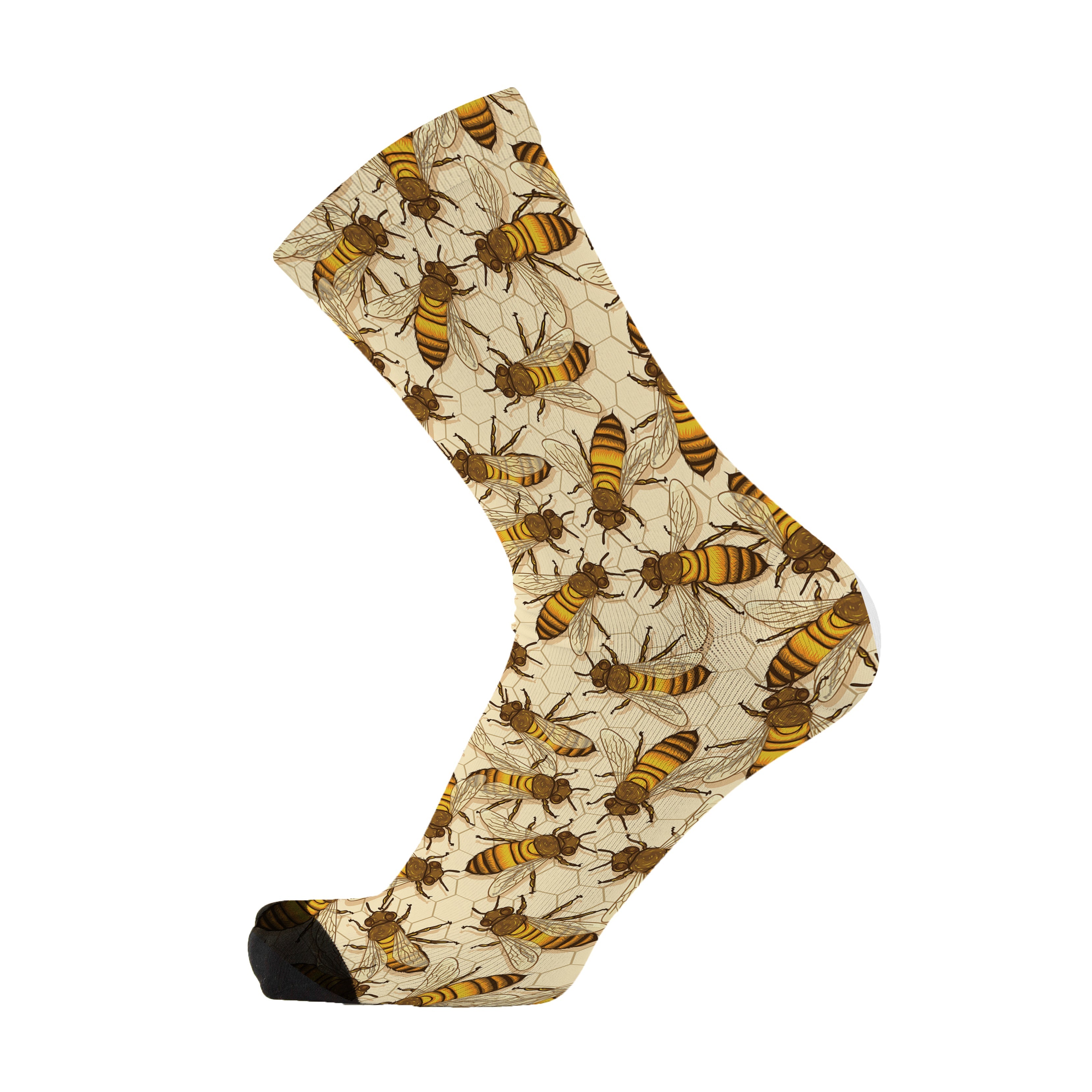Single golden honeycomb-coloured crew sock printed with honeybees and hive cells.