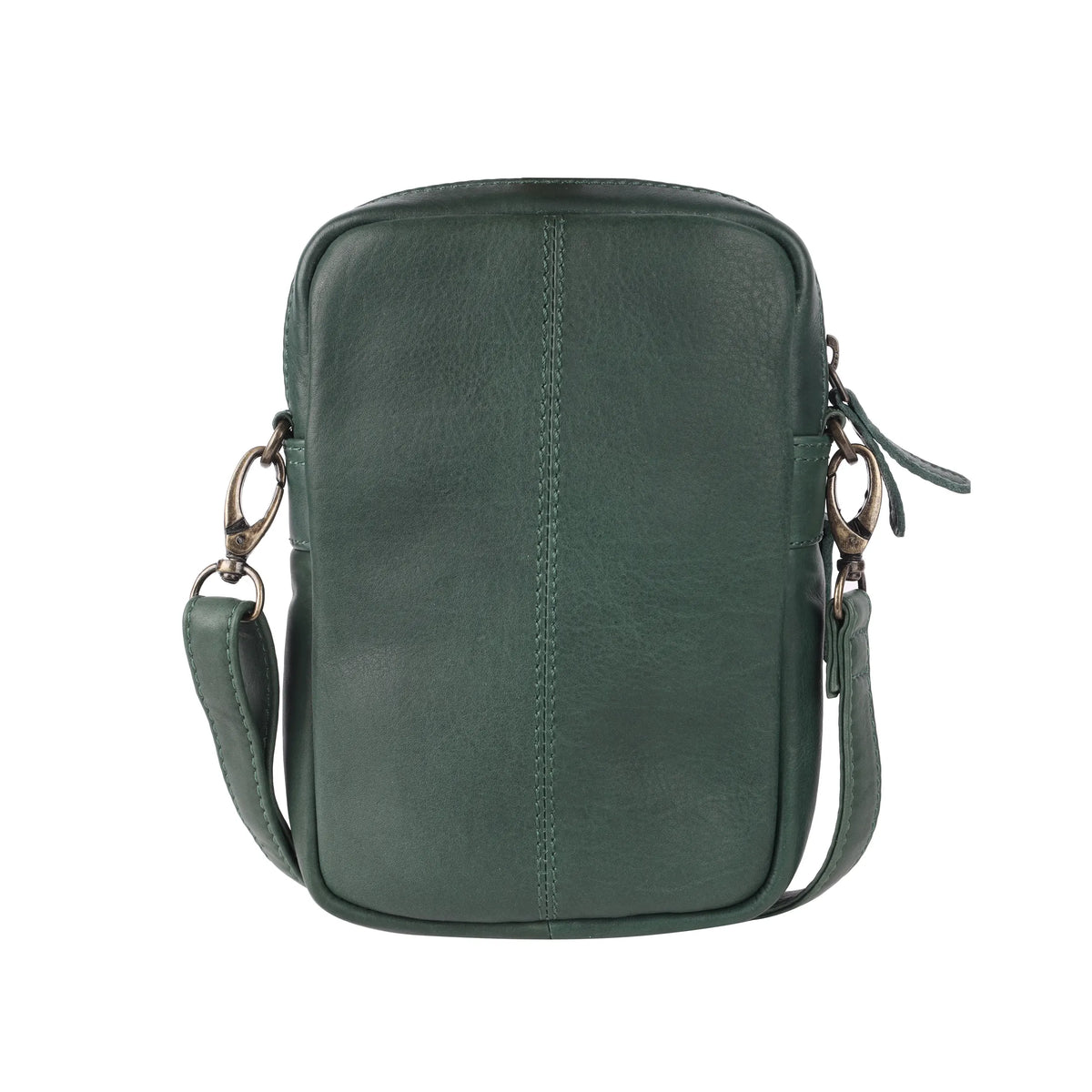 Back of the pine green bag, plain leather with a centre seam