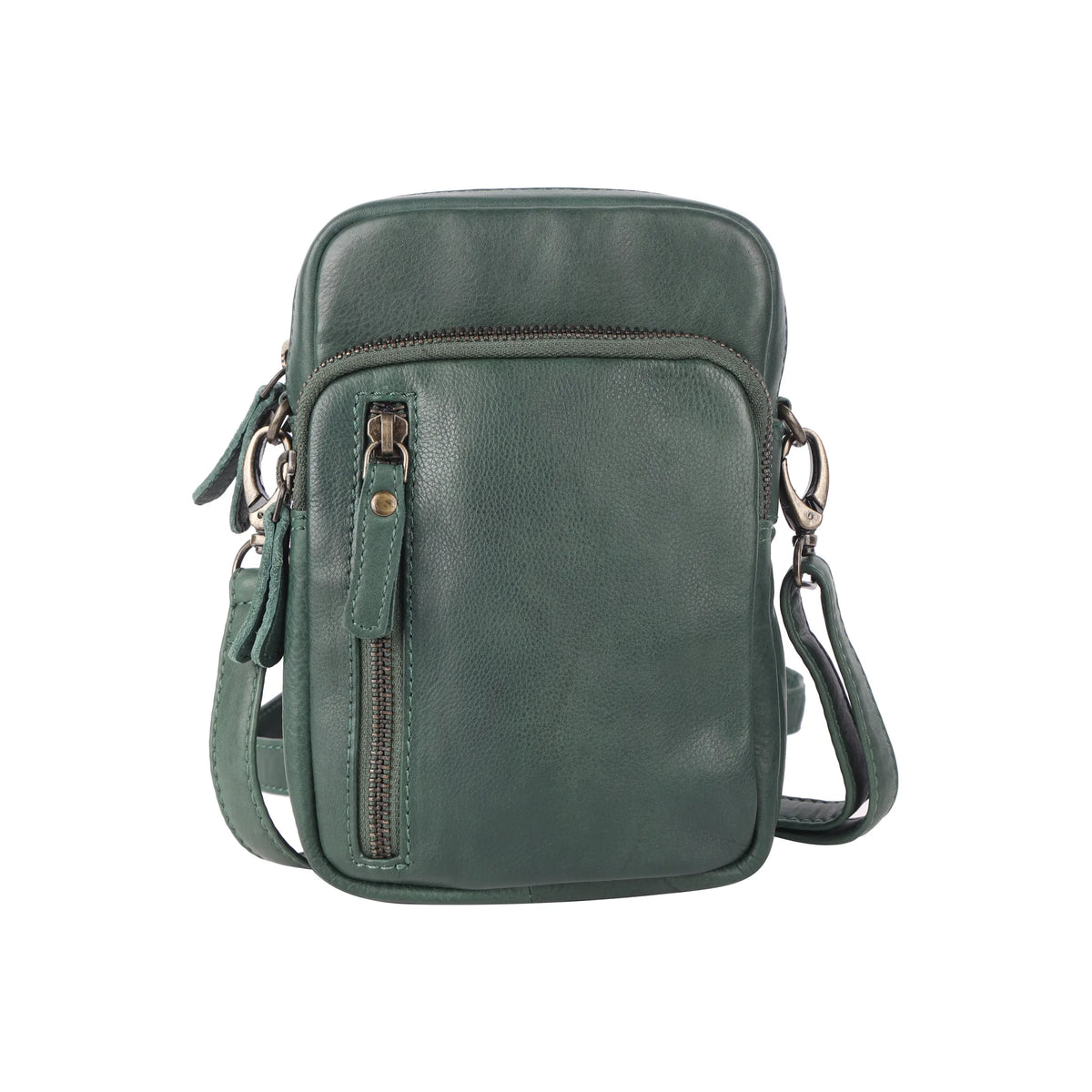 Pine green leather cross body bag from the front, zip pockets across the top and down the front