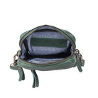 The pine green bag unzipped from above, showing the blue fabric lining and card slots