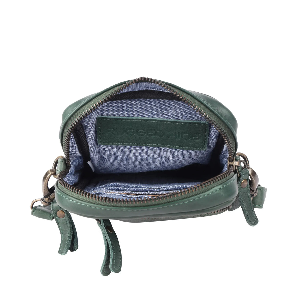 The pine green bag unzipped from above, showing the blue fabric lining and card slots