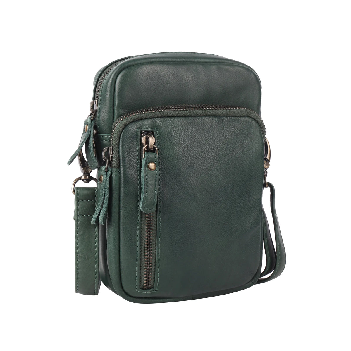 Pine green cross body bag angled to show the side and the strap clip