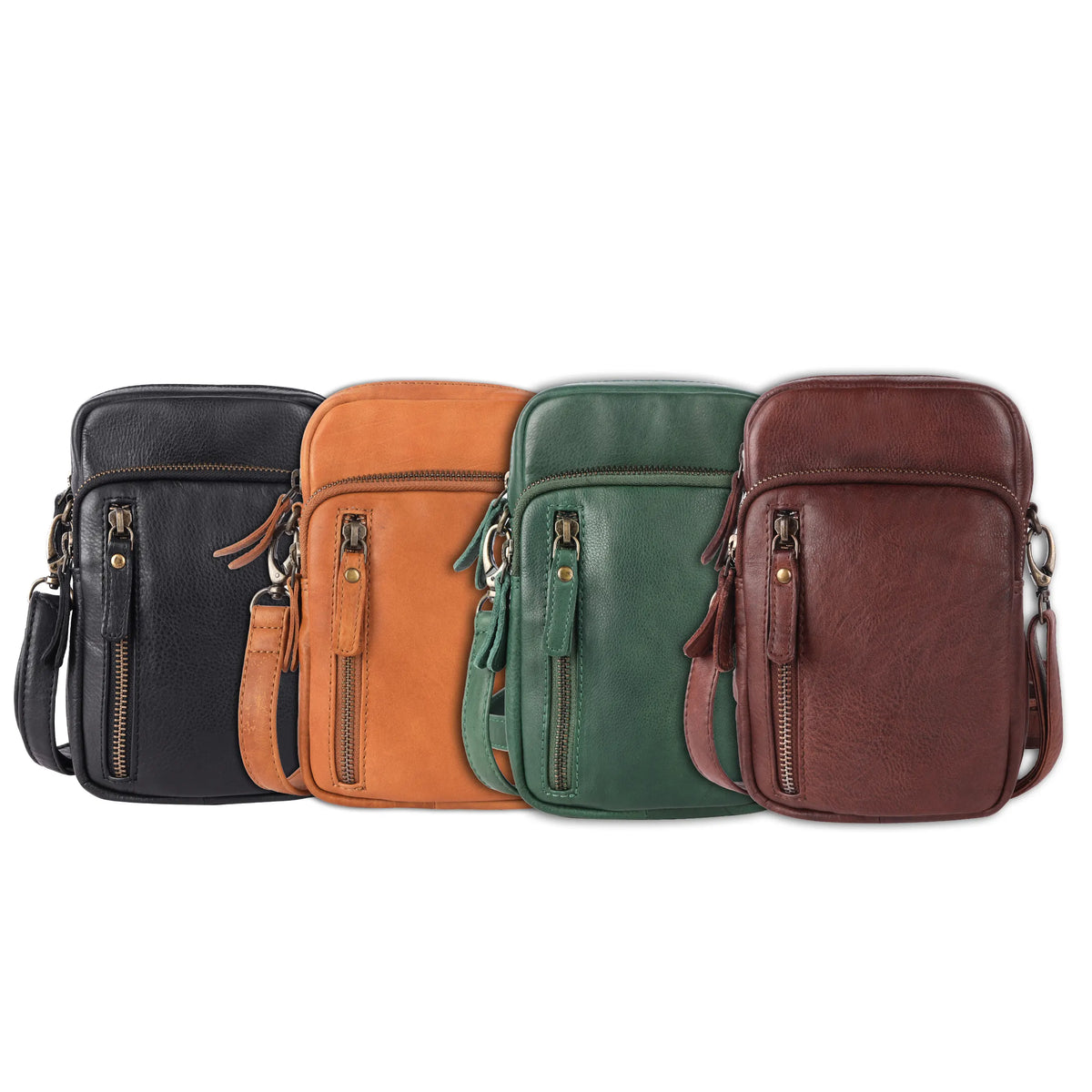 Small cross body bags lined up in black, tan, pine green and brown