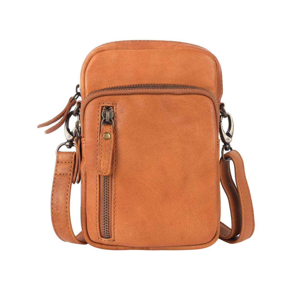Tan cross body bag from the front, zip pockets across the top and down the front