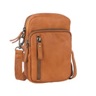 Tan cross body bag angled to show the side and the strap clip
