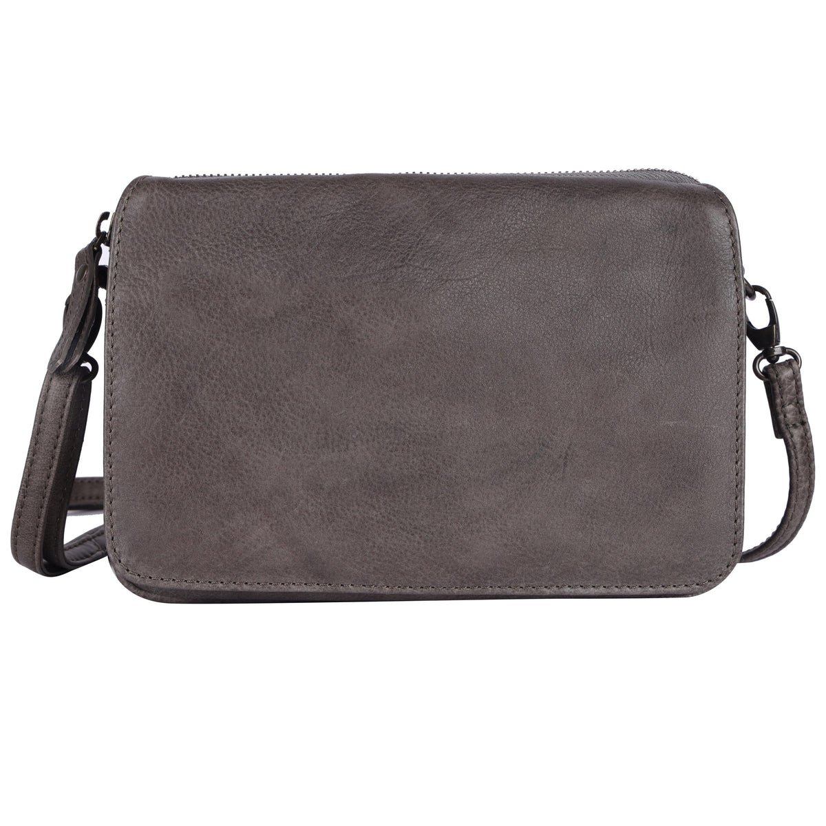 Taupe cross body bag from the front, flap closed
