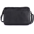 Black cross body bag from the front, flap closed