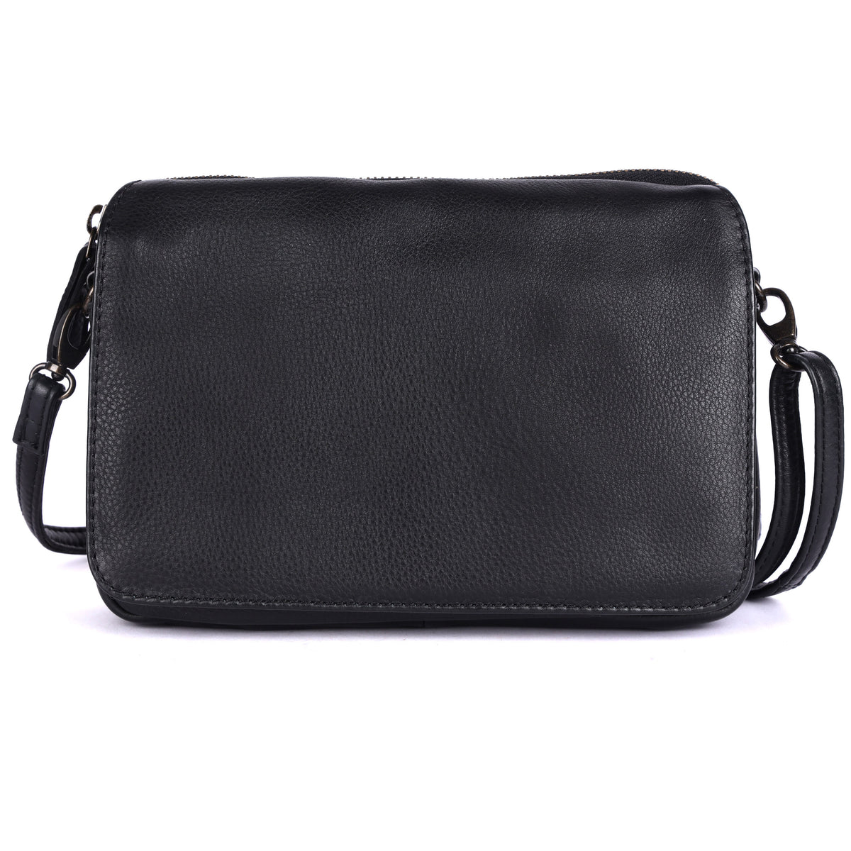 Black cross body bag from the front, flap closed