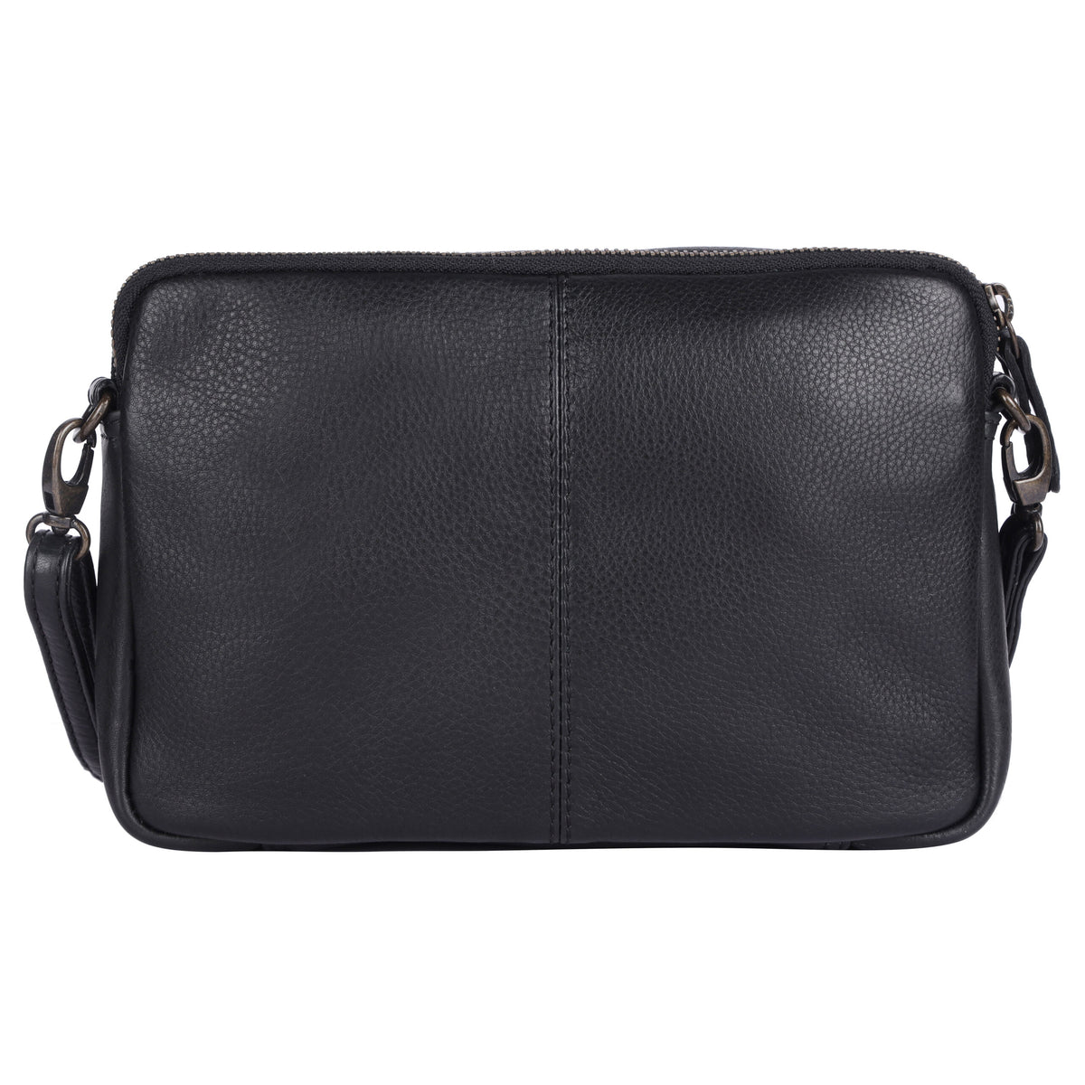 Back of the black bag, plain leather with a centre seam