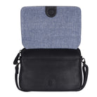 Black bag with the flap lifted, showing its blue fabric underside and the magnetic catch