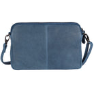 Back of the denim blue cross body bag, plain leather with a centre seam