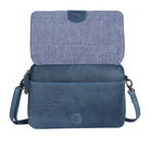 Denim blue bag with the flap lifted, showing the blue fabric panel beneath