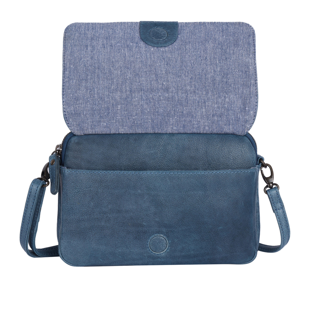 Denim blue bag with the flap lifted, showing the blue fabric panel beneath