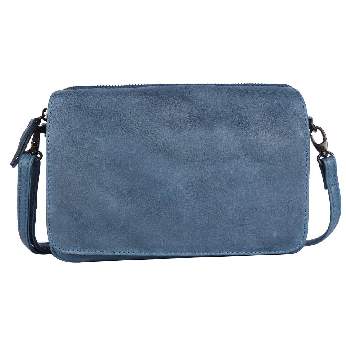 Denim blue cross body bag from the front, flap closed over the body