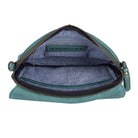 The teal bag open from above, showing the blue lining and inner pockets
