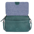 Green bag with the flap lifted, showing its blue fabric underside and the magnetic catch