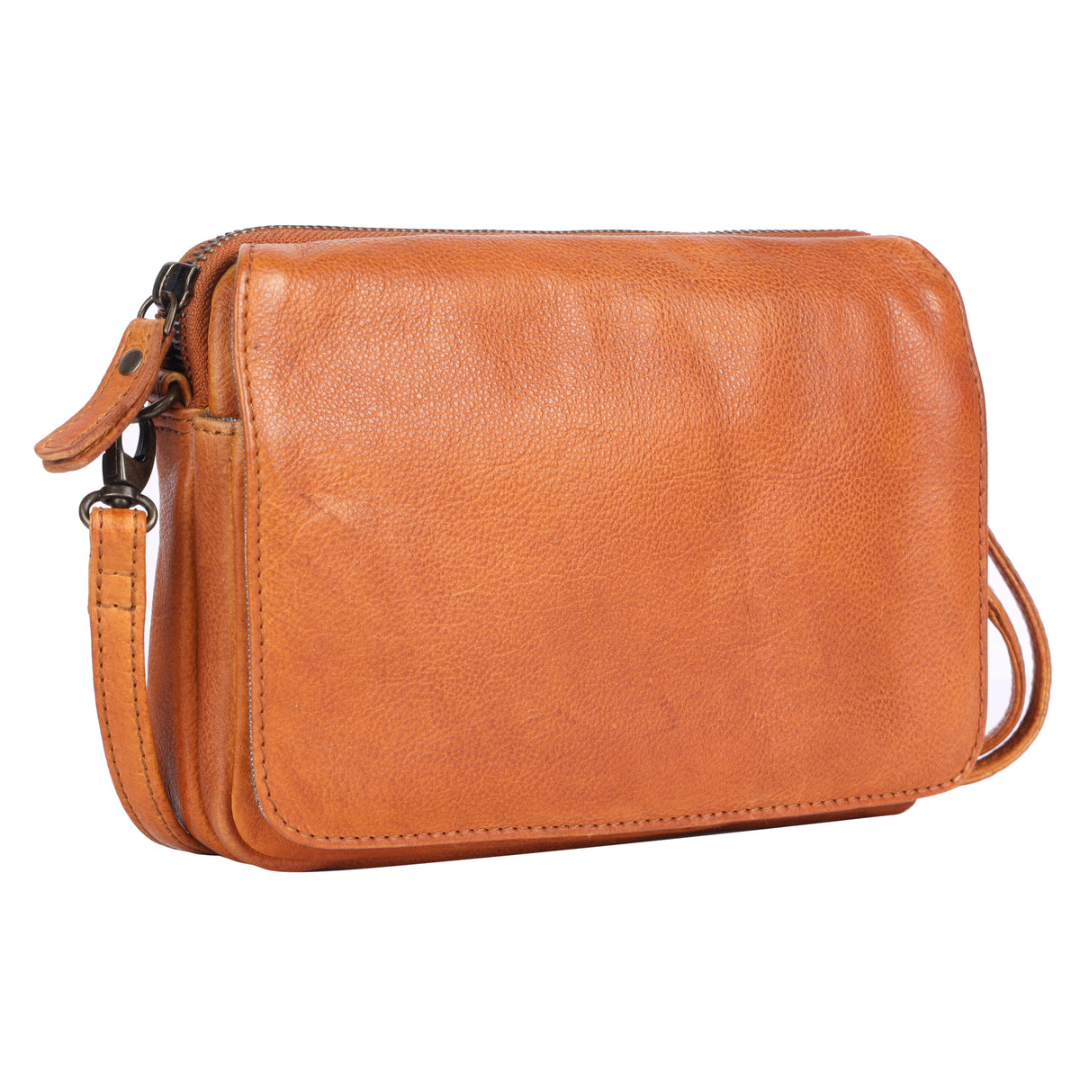 Tan leather cross body bag angled, the flap closed over the front
