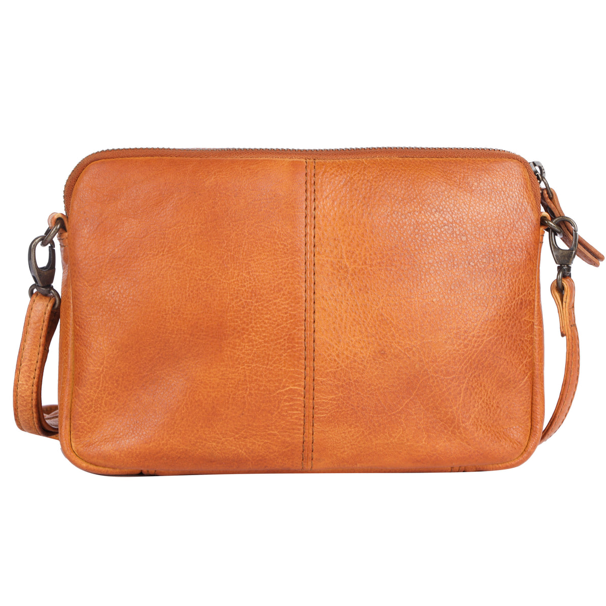 Back of the tan bag, plain leather with a centre seam