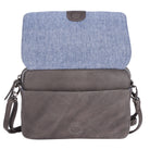Taupe bag with the flap lifted, showing its blue fabric underside and the magnetic catch