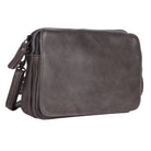 Taupe cross body bag angled, showing the flap and side