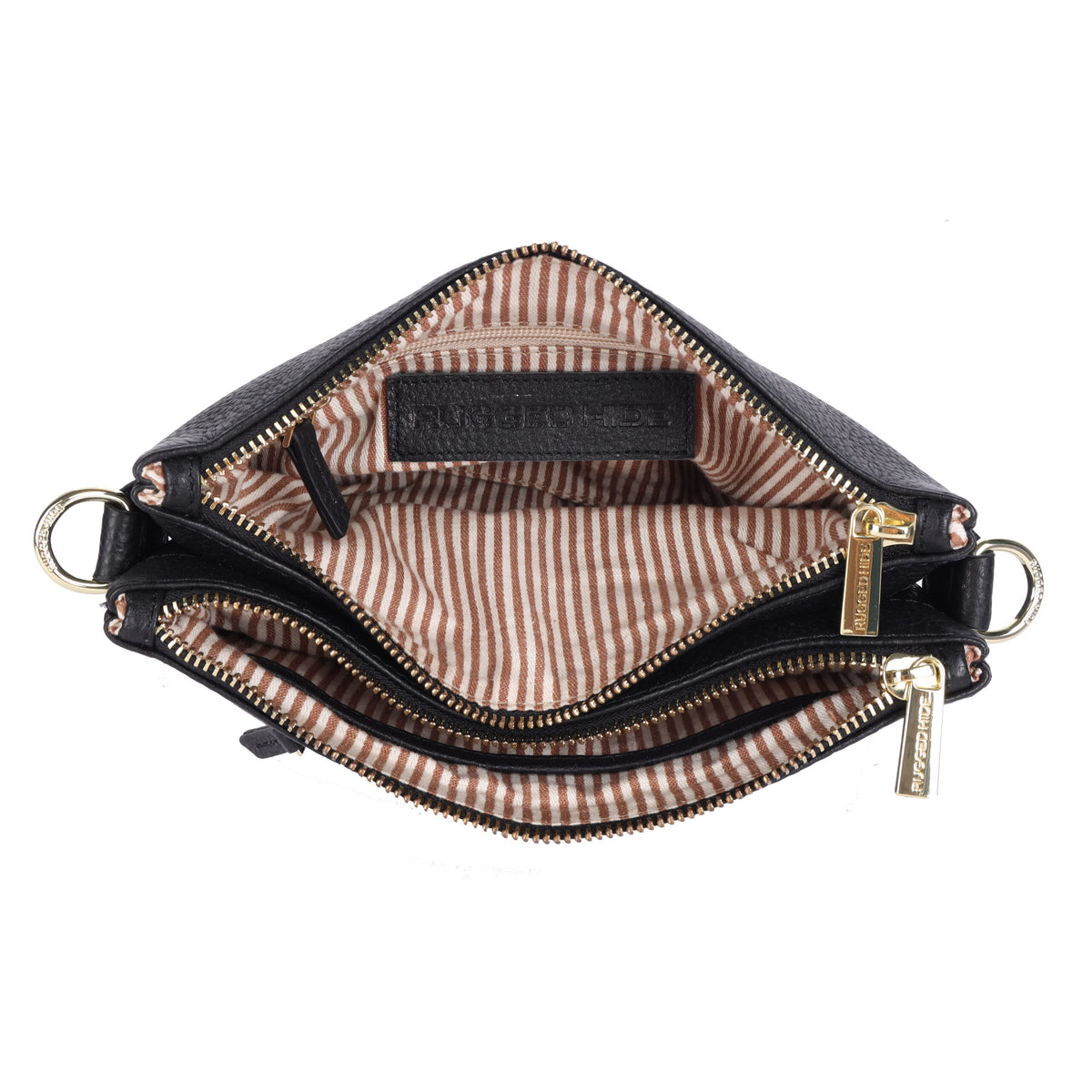 The black bag unzipped from above, showing the striped fabric lining and inner pockets