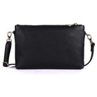Black cross body bag from the front, strap looped at either side