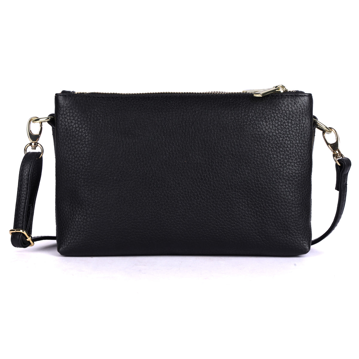 Black cross body bag from the front, strap looped at either side