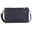 Navy cross body bag from the front, strap looped at either side
