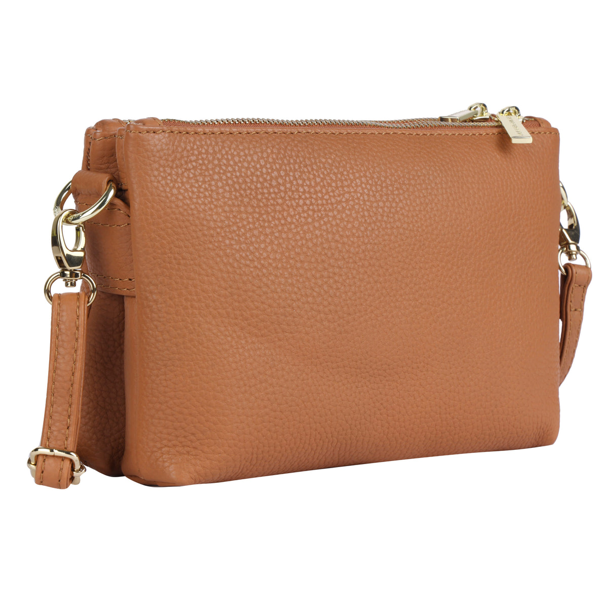Tan pebbled leather cross body bag angled, the strap clipped at each side